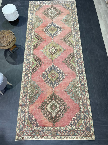 Vintage Runner rug, Muted 4.9 x 12 Runner RUG, TURKISH Runner, Pink Runner Rug, Pastel Oushak Rug ,Natural Wool Runner Rugs, Handmade Runner