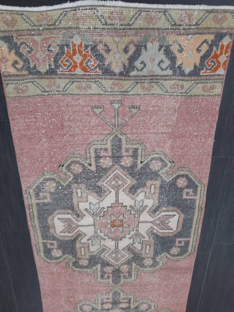 Muted Vintage Runner Rug 2.6 x 10.6 Hand Made Runner Rug Turkish Runner Rug Pink Vintage Runner Rug Hallway Runner Rug Wool Kitchen Runner