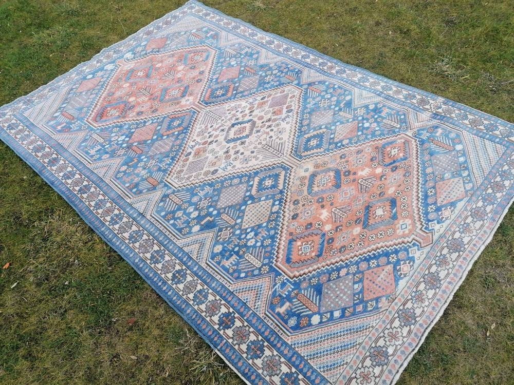 Turkish blue wool rug 6'8x10 large oushak vintage rug, unique hand made, living room rug