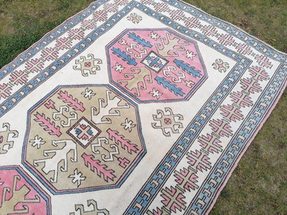 Bohemian pink color rug, pastel green oushak blue rug , turkish wool rug, handmade living room rug 5'9x9'5 feet