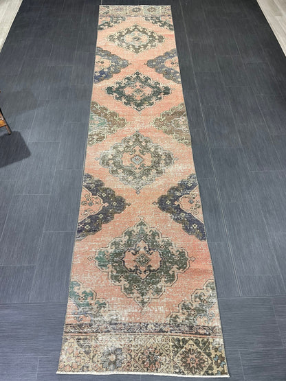 Vintage Runner Rug 2.7 x 12.3 Muted Hallway Runner Rug Kitchen Runner Rug Muted Wool Runner Rug Muted Oushak Rug Pretty Turkish Runner