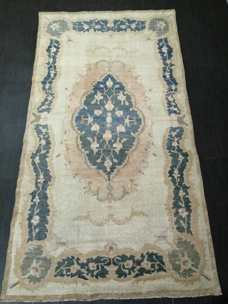 Persian Rug, Muted Vintage Rug,  5x9 Blue Turkish Rug, Wool Entryway Rug, Livingroom Rug Oushak Rug Navy Oriental Rug