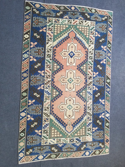 Vintage blue rug,turkish oushak rug 6'8x4'2 wool rug
