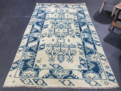 Hand Knotted Rug, Vintage Handmade RUG, Muted Vintage 3.8 x 6.2 Rug, Fine Rug, Wool Oushak Rug, Vintage Persian Rug, Turkish Blue Rug.