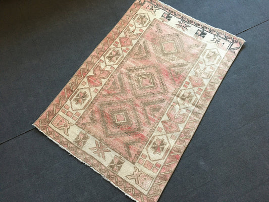 3x4 feet nautral faded turkish mini area rugs, handmade oushak bedroom rug, vintage red kitchen floor rug, small wide bathroom rug, wool rug