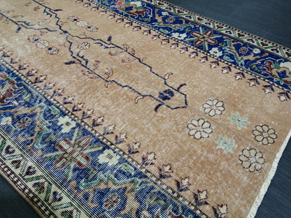 3.7 x 7.2 Blue Runner Rug, Hand Made Rug, Oushak Rug,  Boho Rug, Rug Runner, Turkish Rug, Farmhouse Rug, Vintage Rug, Wool rug Oriental Rug