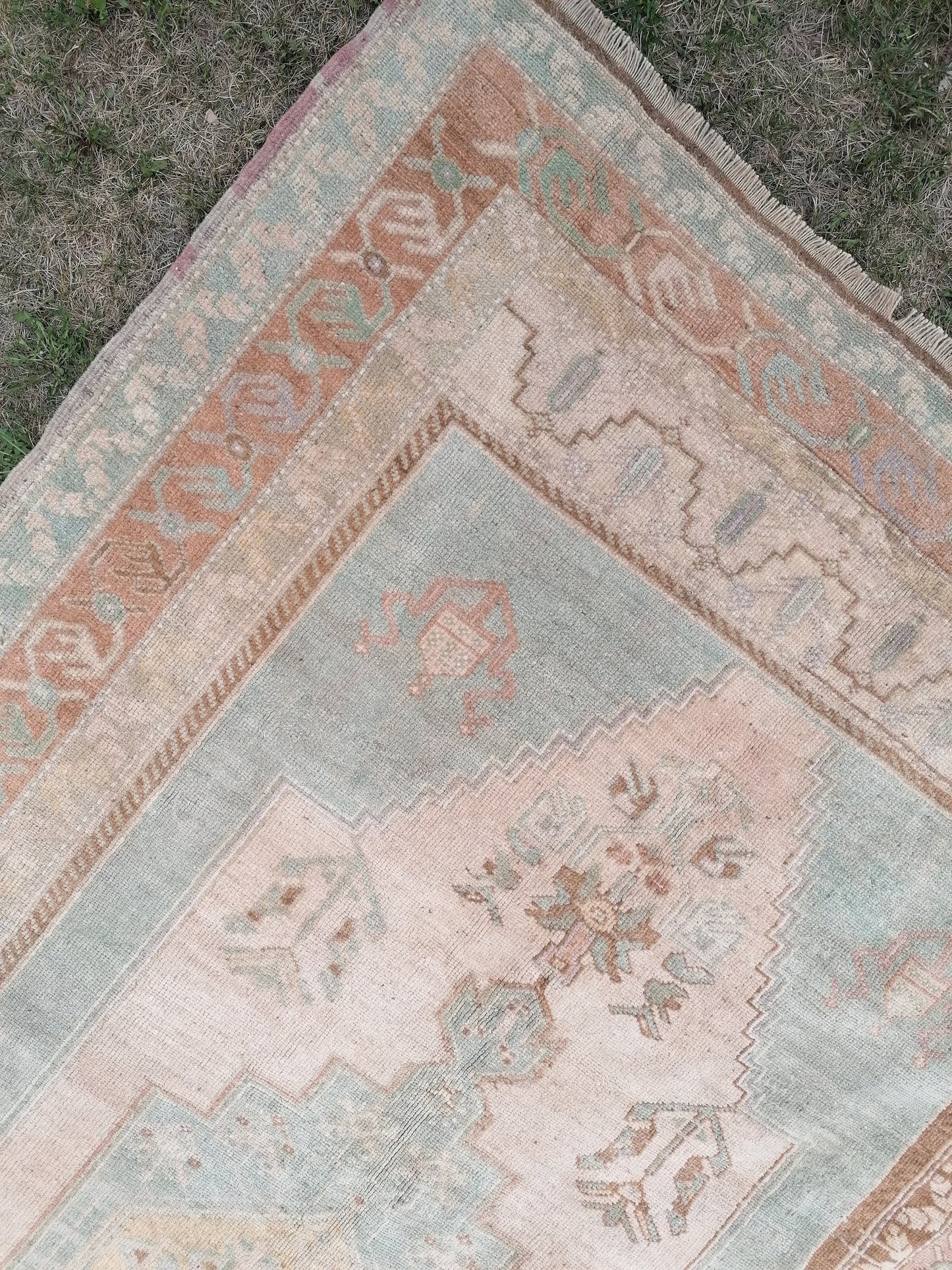 Vintage pastel rug 5'1x9'4 turkish oushak rug, rustic unsual tribal rug retro style rug traditional turkish design
