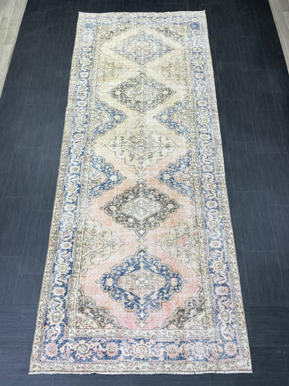 Vintage Runner Rug 4.8 x 11.8 Muted Turkish Runner Rug Hand Made Runner Rug Vintage Runner Rug Hallway Runner Rug Distressed Runner