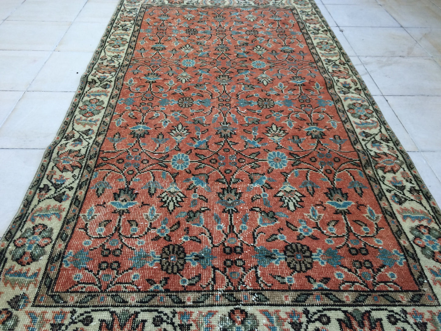 3.5 x 7 Rug Turkish Rug Eclectic Rug Shabby Chic Rug, Rustic Rug,Floral Boho Rug, Rug Runner,  Farmhouse Rug, Vintage Rug, Orange Rug