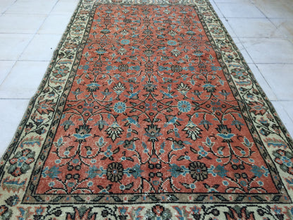 3.5 x 7 Rug Turkish Rug Eclectic Rug Shabby Chic Rug, Rustic Rug,Floral Boho Rug, Rug Runner,  Farmhouse Rug, Vintage Rug, Orange Rug