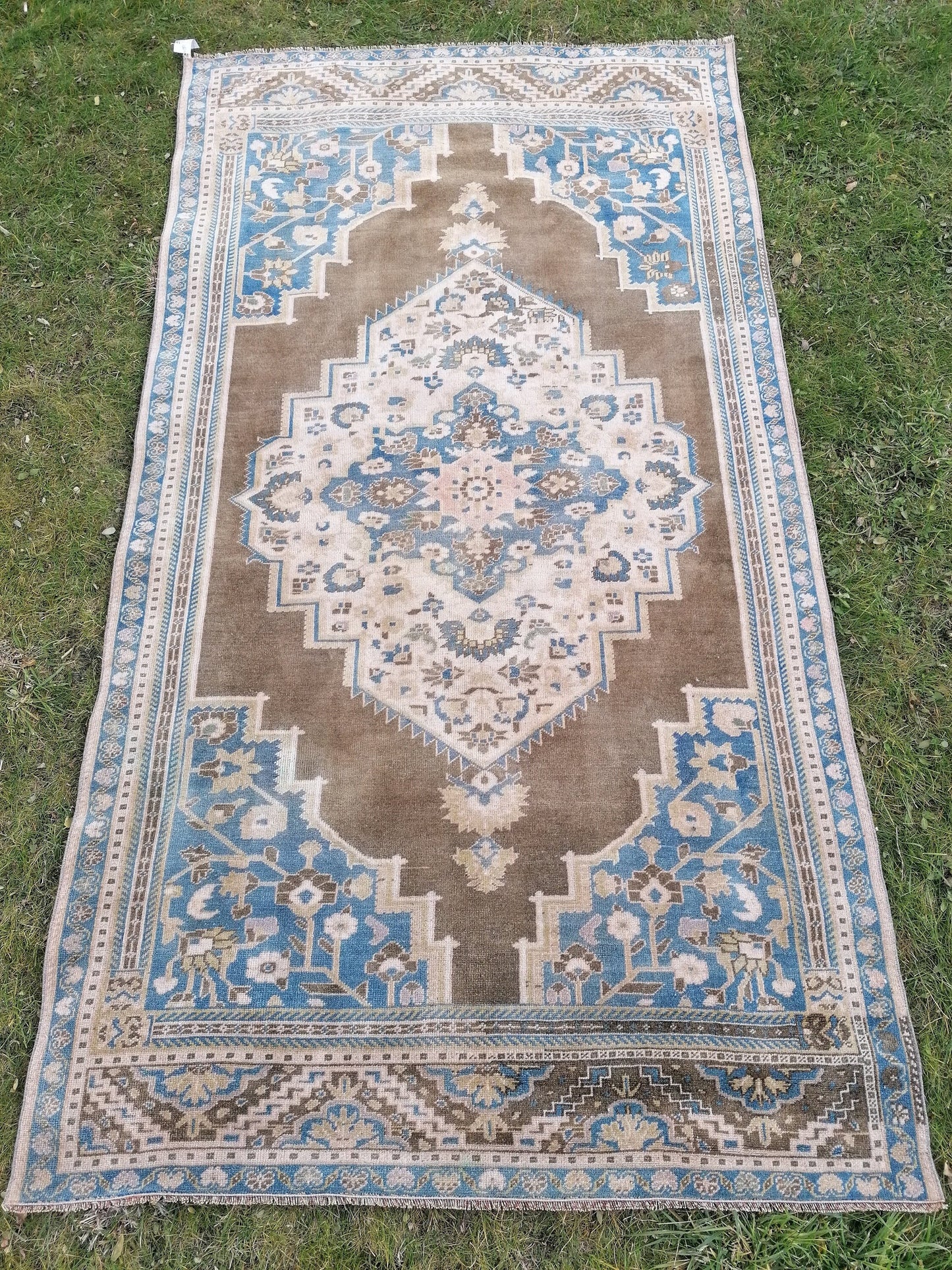 Vintage turkish rug 8'8x4'9 blue anatolian wool rug, are oushak rug, kitchen rug,room rug, unique hand made bohemian rug