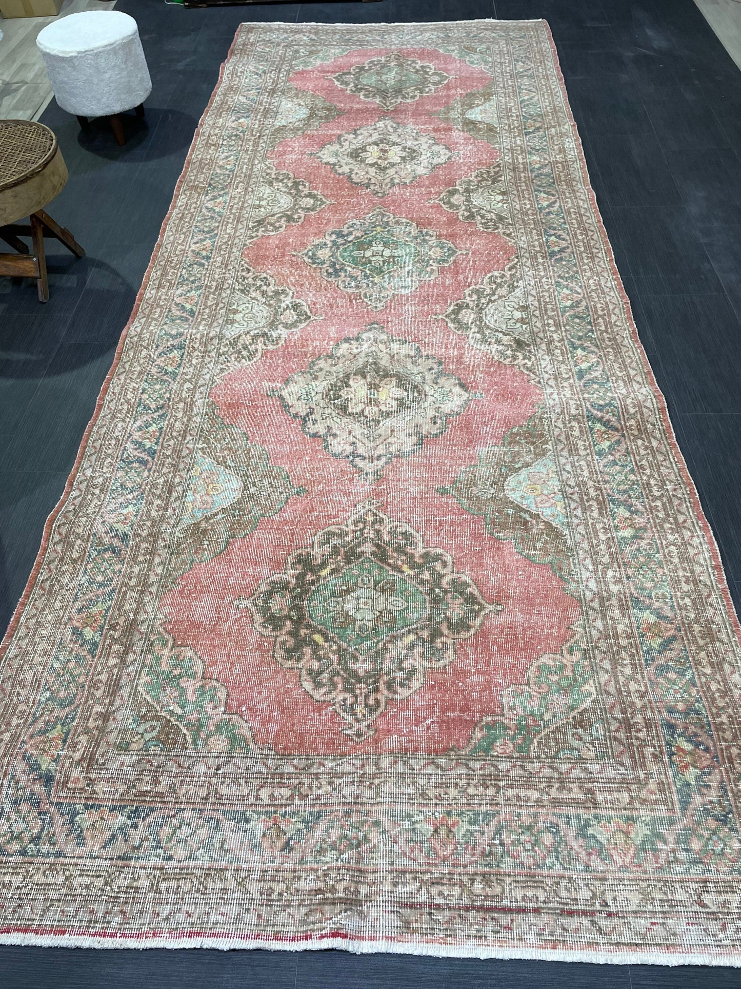 Antique Turkish Runner Rug Muted Distressed 4.9 x 12.6 Runner Rug, Vintage Runner Rug Hallway Runner Rug Kitchen Runner Wool Handmade Runner