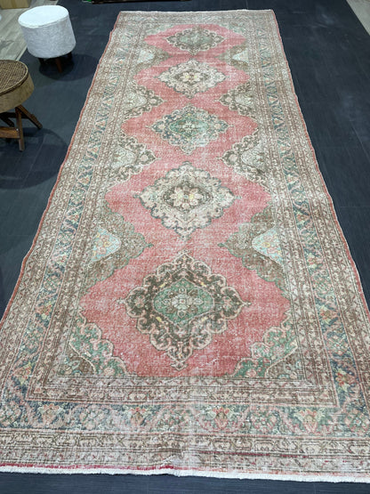 Antique Turkish Runner Rug Muted Distressed 4.9 x 12.6 Runner Rug, Vintage Runner Rug Hallway Runner Rug Kitchen Runner Wool Handmade Runner