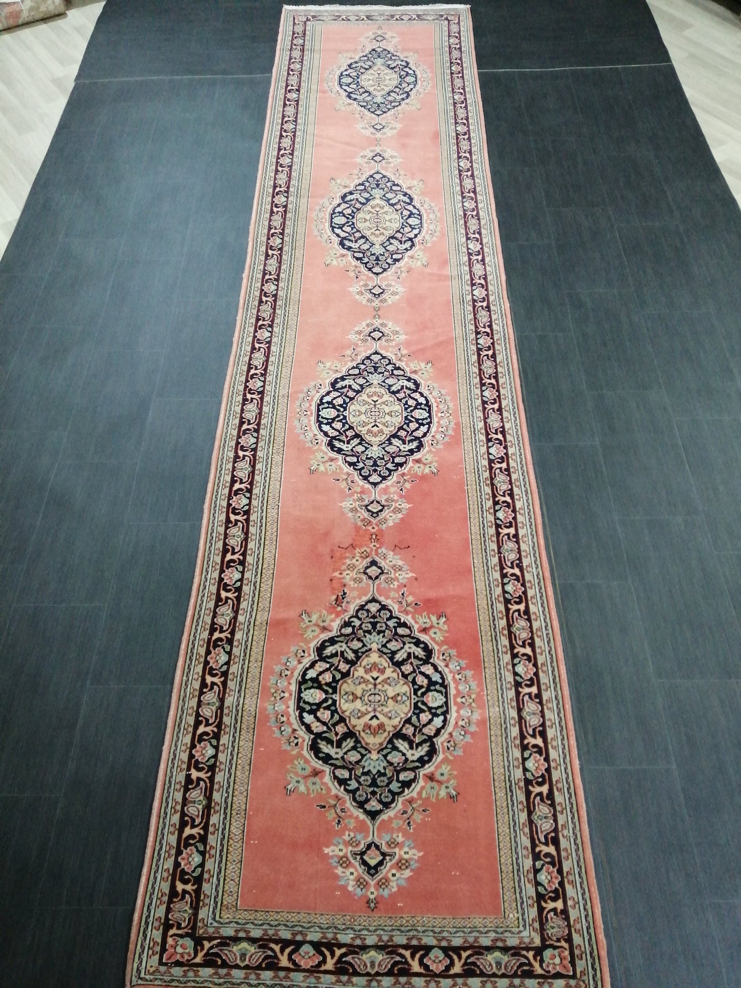 Oushak Runner Rug 3.2 x 14 Turkish Runner Rug Persian Vintage Runner Pink and Navy XL Hallway Runner Rug Stairs Runner Rug Extra Long Runner