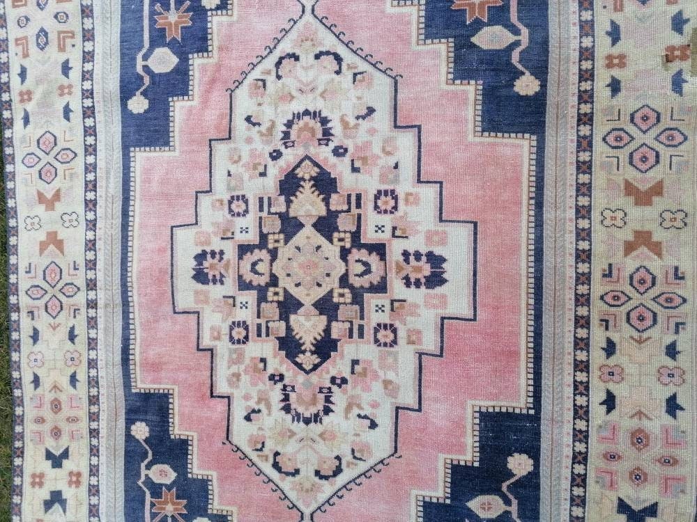 Vintage blue rug, large turkish oushak rug 6'1x9'6 living room rug, handmade wool rug