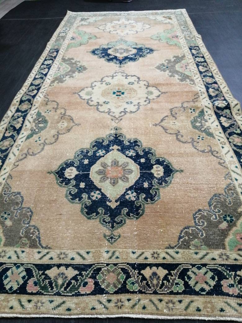 Vintage Runner Rug 4.4 x 10.2 Turkish Runner Rug Vintage Hallway Runner Rug Kitchen Runner Rug Wool Runner Rug