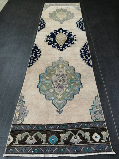 Vintage Runner Rug 2.7 x 10.6 Hallway Runner Rug Muted Kitchen Runner Rug Muted Wool Runner Rug Oushak Runner Rug Turkish Rug Runner