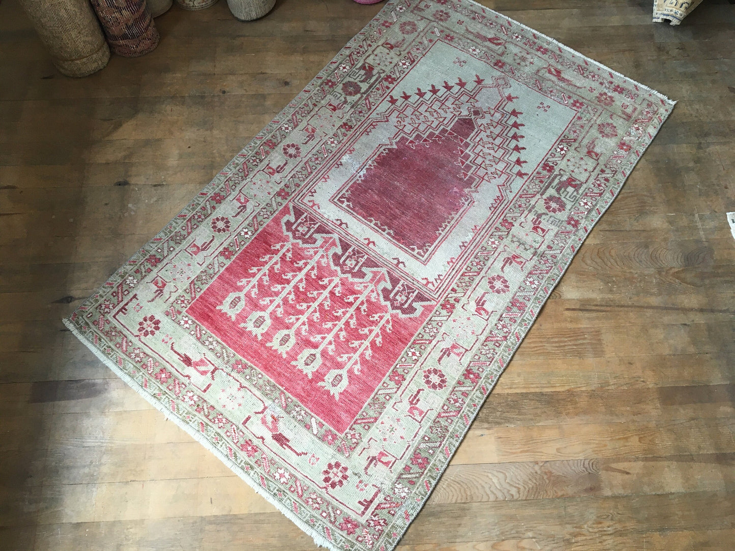 3x5 feet muted handmade turkish area rug, vintage oushak floor rug, red kitchen middle rug, beige wool bedroom rug, living room accent rugs