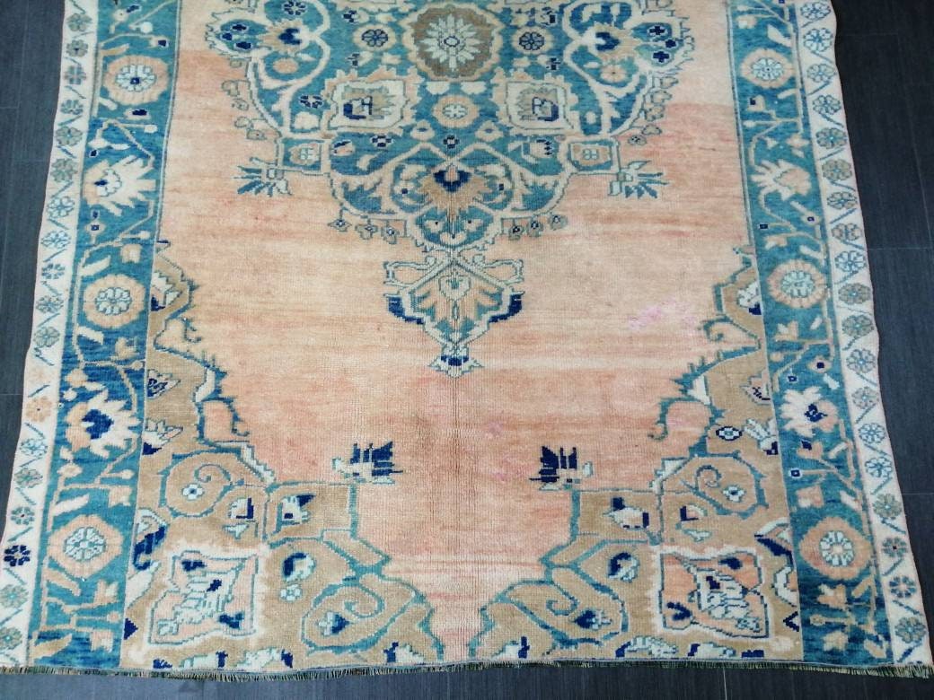 Wool Vintage Rug Turkish Rug 5.4 x 8.8  Muted Oushak  Rug,  Hand Made Rug, Living Room Rug, Oushak Rug, Blue Rug Medium Wool Pile Rug