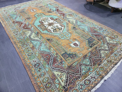 4.9 x 7.9 Rug, Handmade Rug, Oushak Rug,  Anatolian Rug, Hand Knotted Turkish Rug, burnt orange and turquoise Rug, Vintage Rug, Wool rug