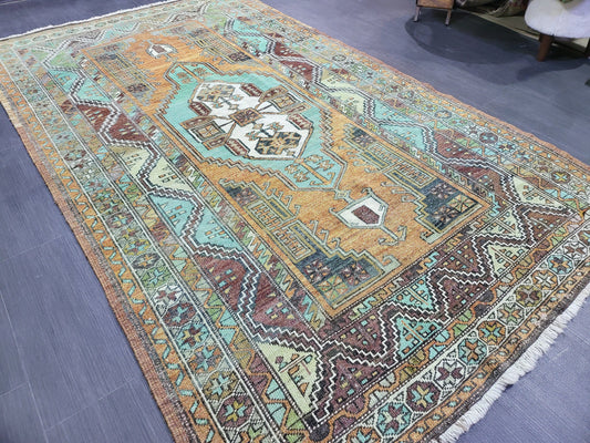 4.9 x 7.9 Rug, Handmade Rug, Oushak Rug,  Anatolian Rug, Hand Knotted Turkish Rug, burnt orange and turquoise Rug, Vintage Rug, Wool rug