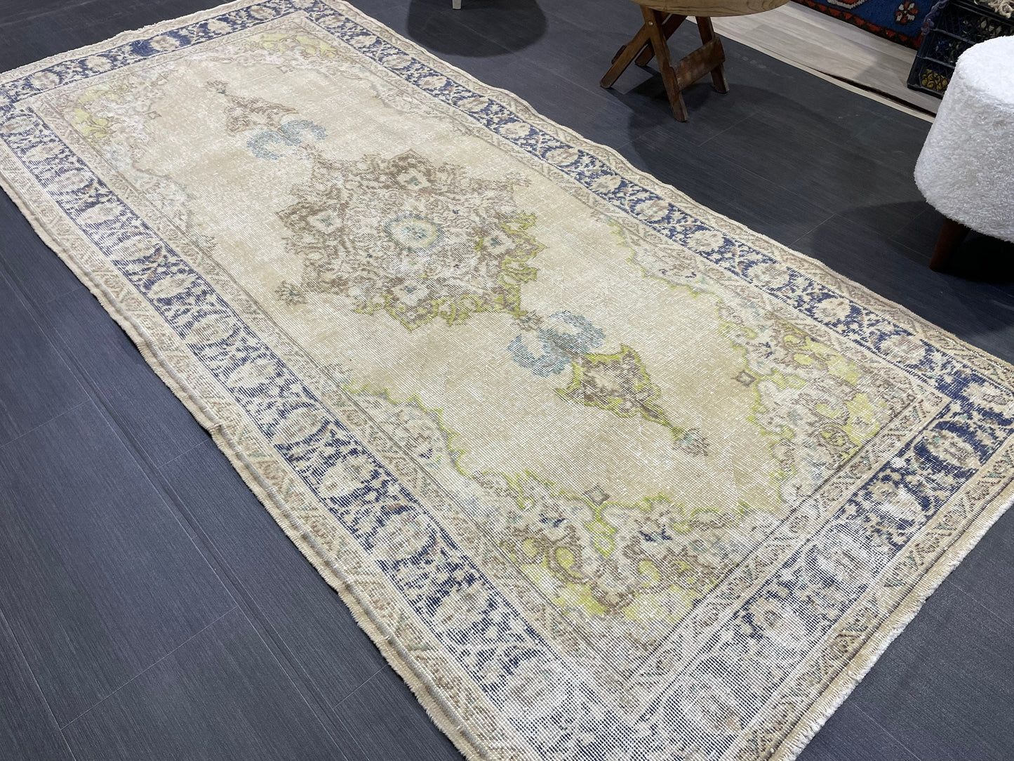 Muted Vintage Turkish Oushak Rug, Antique 3.8 x 8 Rug, Distressed Vintage Wool Rug, Handmade Rug, Hand Knotted