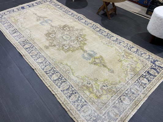 Muted Vintage Turkish Oushak Rug, Antique 3.8 x 8 Rug, Distressed Vintage Wool Rug, Handmade Rug, Hand Knotted