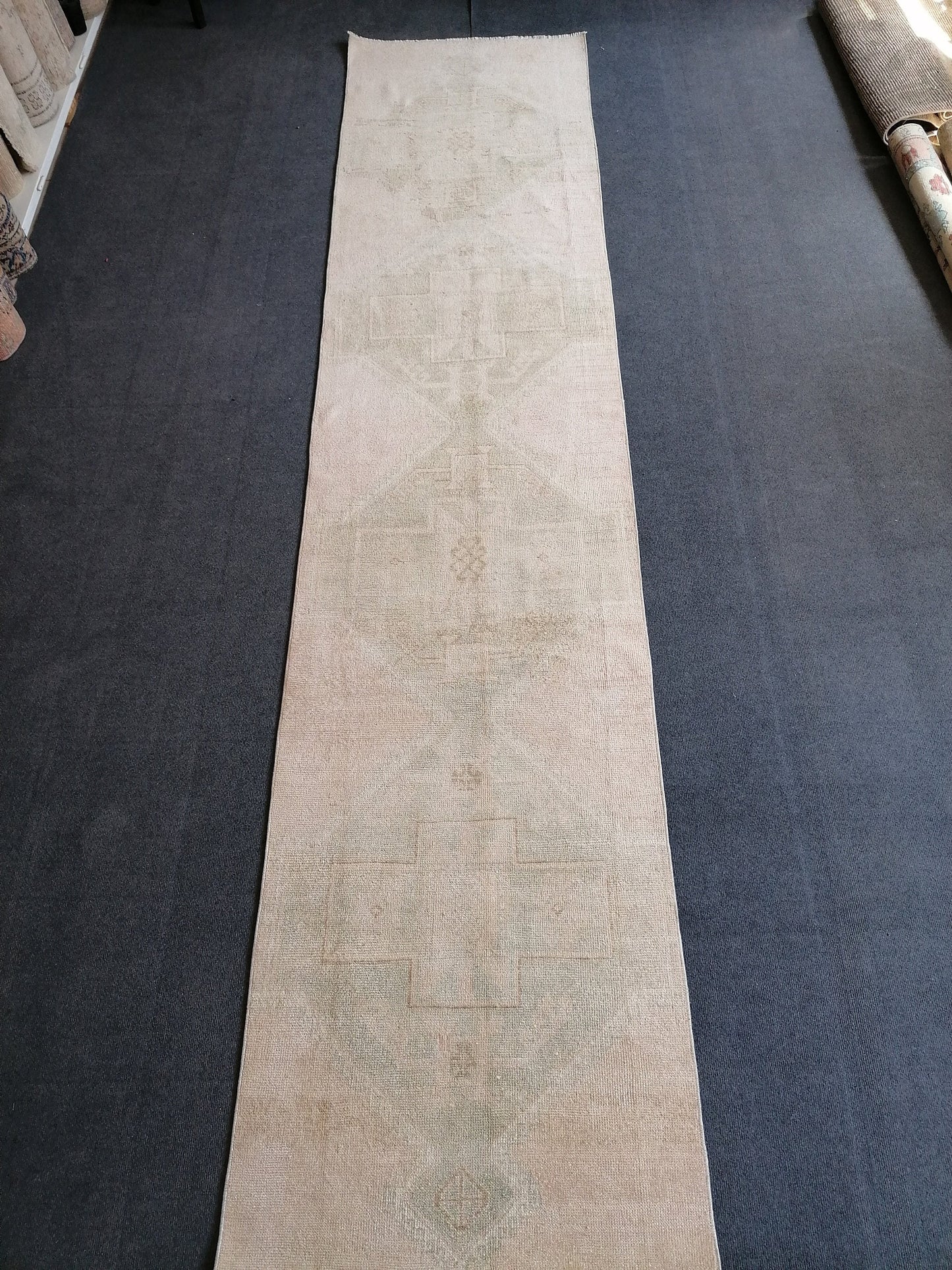 2'8x12 oushak turkish runner rug, hallway runner rug, hand made rug, oushak vintage runner rug, vintage rug, vintage anatolian rug