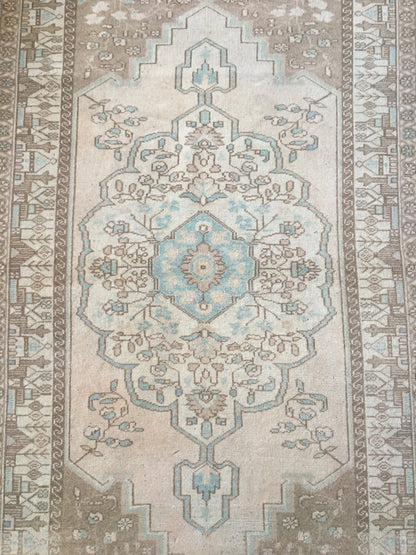 3.4x6.5 ft natural wool rug, faded vintage turkish rug, oushak brown kitchen rug, anatolian bohemian living room rug, blue handmade area rug
