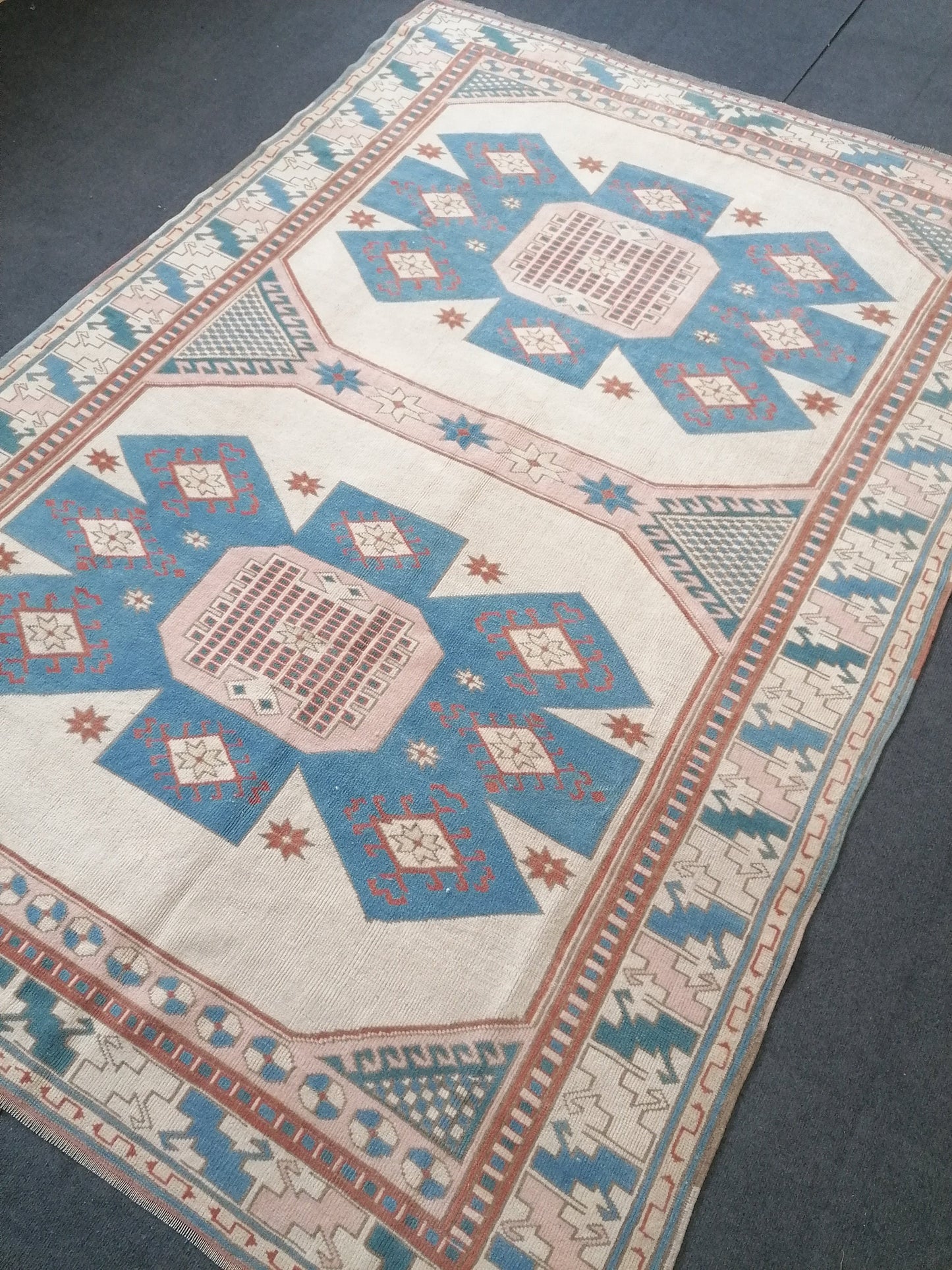 6x8 feet oversize vintage turkish rug, soft oushak handmade rug, pastel blue kitchen area rug, lounge anatolian rug,oversize office area rug