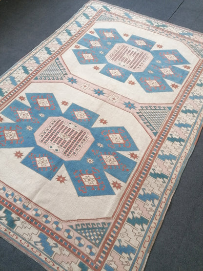 6x8 feet oversize vintage turkish rug, soft oushak handmade rug, pastel blue kitchen area rug, lounge anatolian rug,oversize office area rug