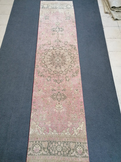 Turkish runner rug 10'7x2'7 pink runner rug, vintage oushak runner  kitchen runner rug, hallway runner rug, vintage runner oushak runner rug