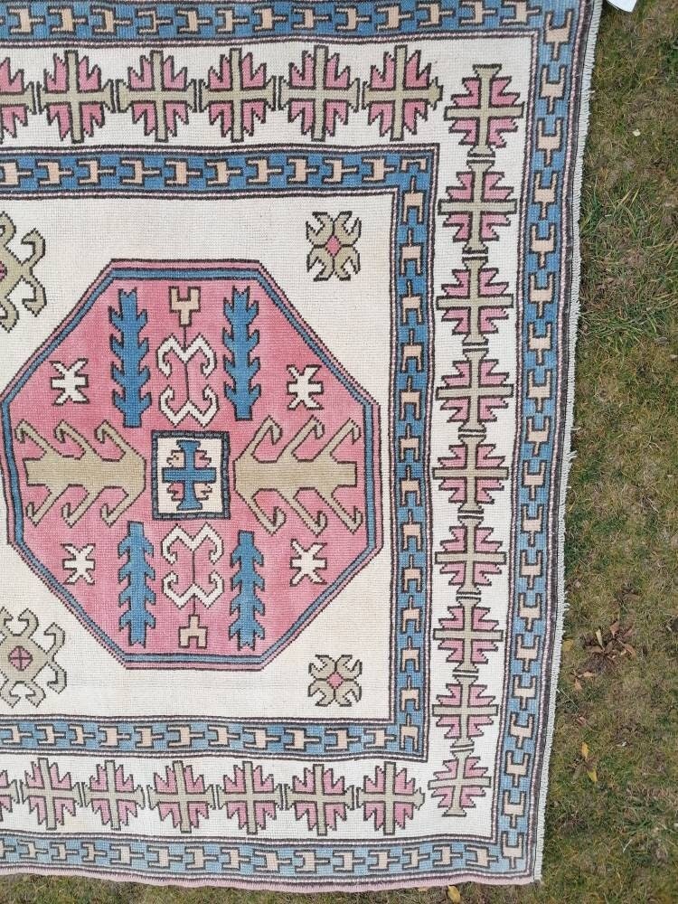 Bohemian pink color rug, pastel green oushak blue rug , turkish wool rug, handmade living room rug 5'9x9'5 feet