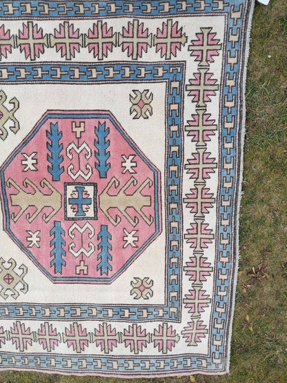 Bohemian pink color rug, pastel green oushak blue rug , turkish wool rug, handmade living room rug 5'9x9'5 feet