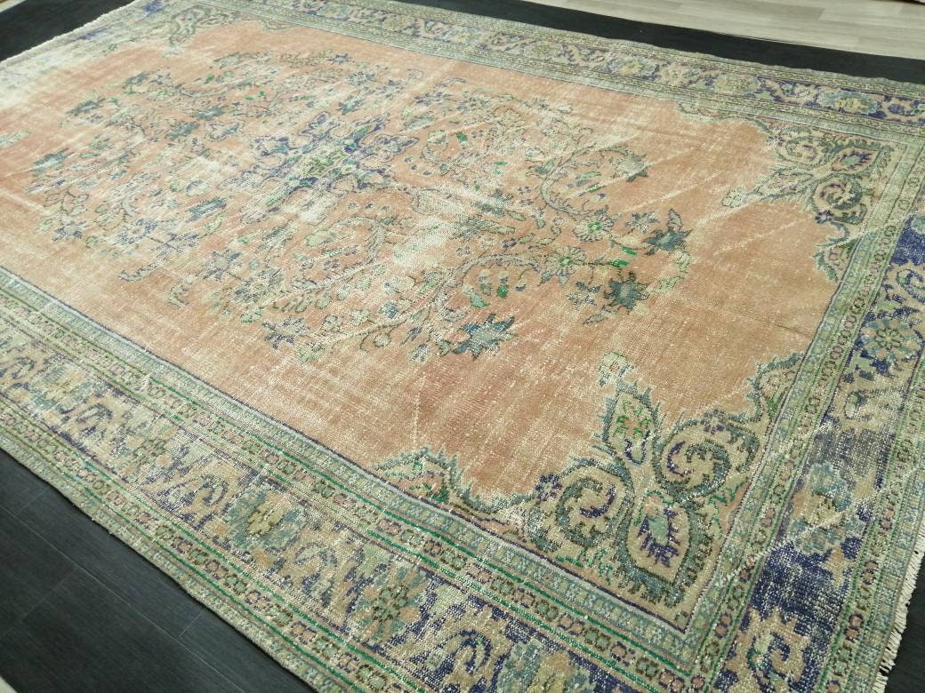 12 x 8 Turkish Rug, Oushak Rug, Muted Wool Rug, 8x12 Large Oushak Rugs,Rusty pink and Blue Orange Rug, Vintage Rug, Muted Hand Made Rug