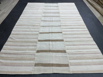 Neutral Vintage Rug 6.4 x 9.7 Stripe Wool Rug Muted Vintage Flat woven Rug Neutral Flatweave Carpet Stripped Rug Handmade Rug Turkish Kilim