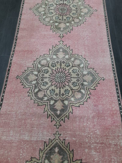 Vintage Runner Rug Muted 3.2 x 11.2 Hand Made Runner Rug Turkish Runner Rug Pink Vintage Runner Rug Hallway Runner Rug Wool Kitchen Runner