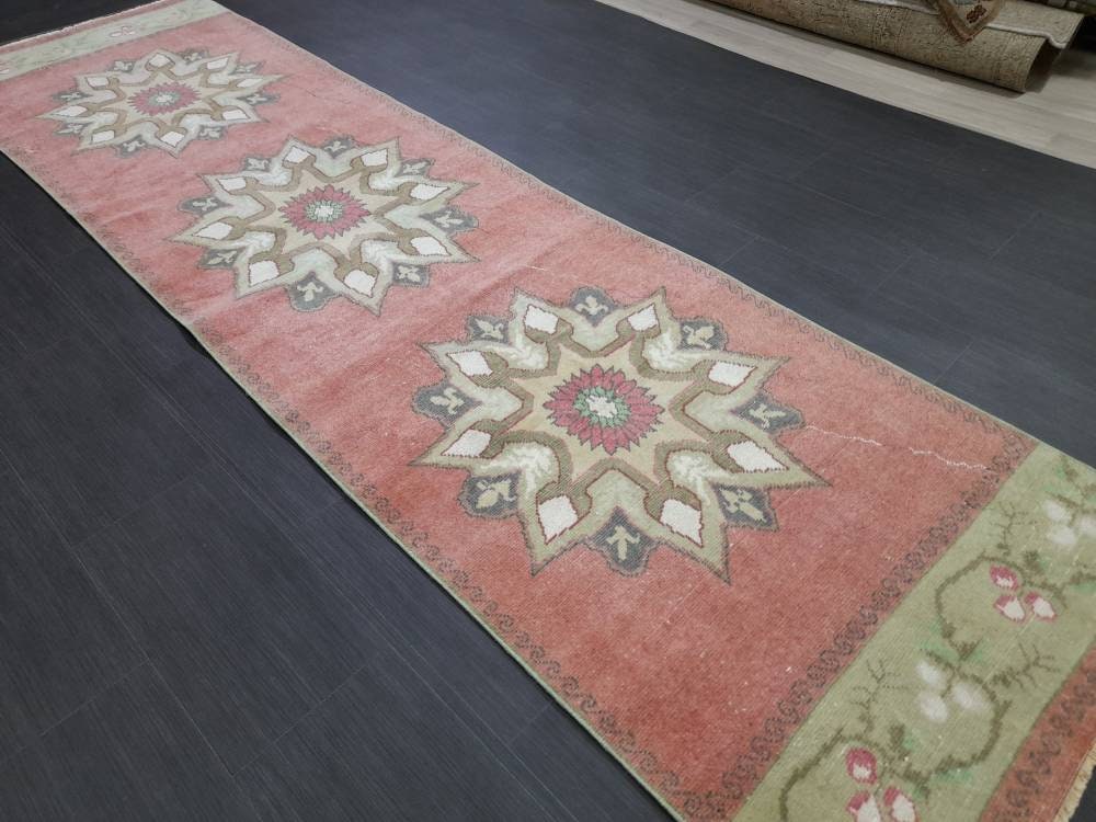 Vintage Wool Runner Rug Muted 2.9 x 10.7 Hand Made Runner Rug Turkish Runner Rug Vintage Runner Rug Hallway Runner Rug Wool Kitchen Runner