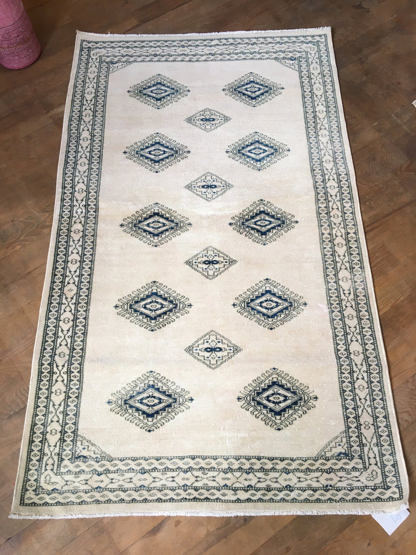 3x5 feet handmade blue turkish rug, oushak white large rug, vintage wool living room area rug, hallway old oriental rug, large floor rugs