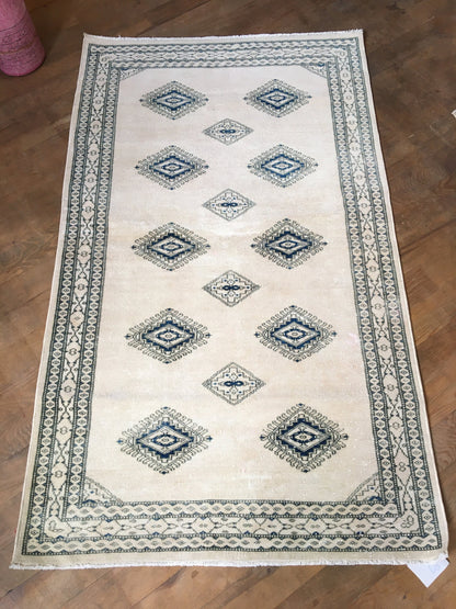 3x5 feet handmade blue turkish rug, oushak white large rug, vintage wool living room area rug, hallway old oriental rug, large floor rugs