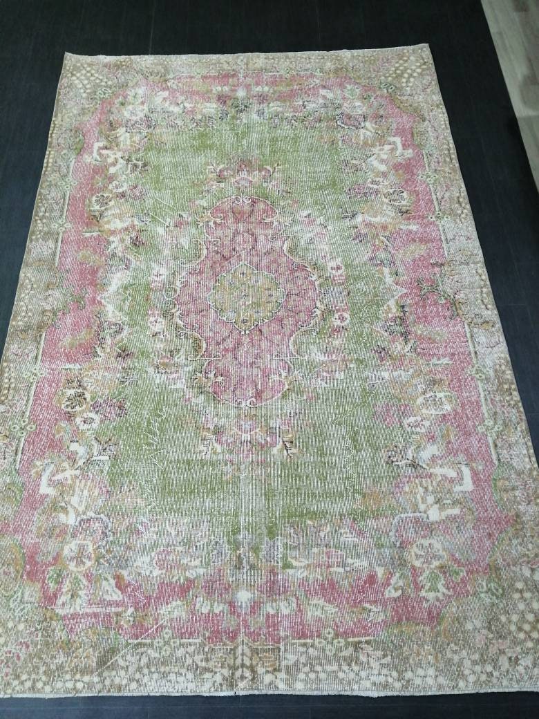 Oriental Rug 10 x 6.7 TURKISH Oushak Rug Vintage Antique Rug Vintage Green and Pink Rug Wool Distressed Rug Hand Made Rug