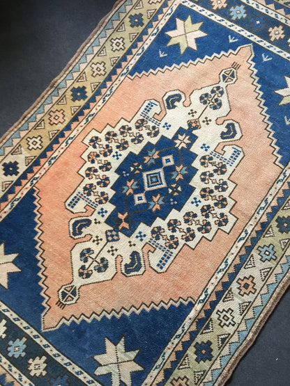 4x7.6 feet handmade blue kitchen floor rug, vintage living room area rug, pink turkish bedroom rug, oushak bathroom rug, wool bohemian rug