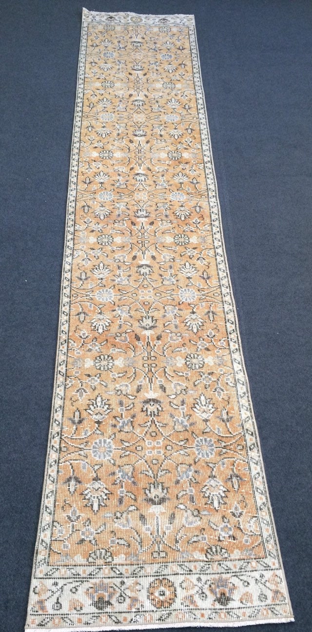 Hand Knotted Runner Rug, Vintage 2x10 Runner Rug,Handmade Oushak Runner Rug,Distressed Runner Rug, Antique Runner Rug.