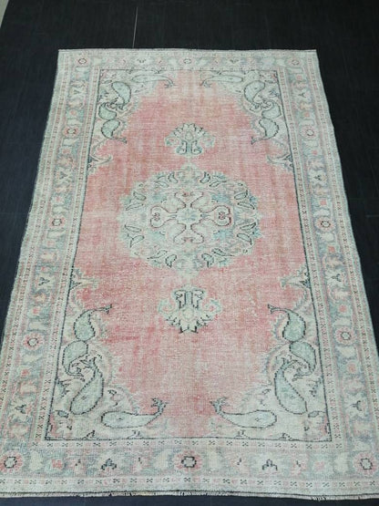 Vintage Hand Made Rug, 5.8 x 8.7 Large Oushak Rug, Pink Rustic Rug, Distressed ORIENTAL Rug, Distressed Turkish Rug, Vintage Persian rug