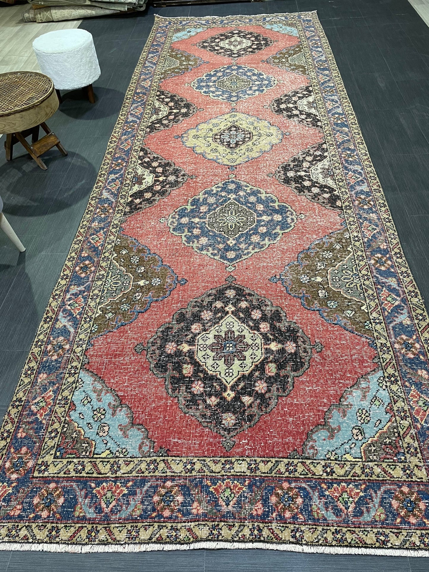 Turkish Runner Rug, Persian Distressed Runner 4.8 x 13.2 Rug, Vintage Runner Rug, Hallway Runner Rug,  Kitchen Runner Rug, Wool Runner Rug