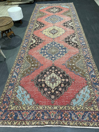 Turkish Runner Rug, Persian Distressed Runner 4.8 x 13.2 Rug, Vintage Runner Rug, Hallway Runner Rug,  Kitchen Runner Rug, Wool Runner Rug