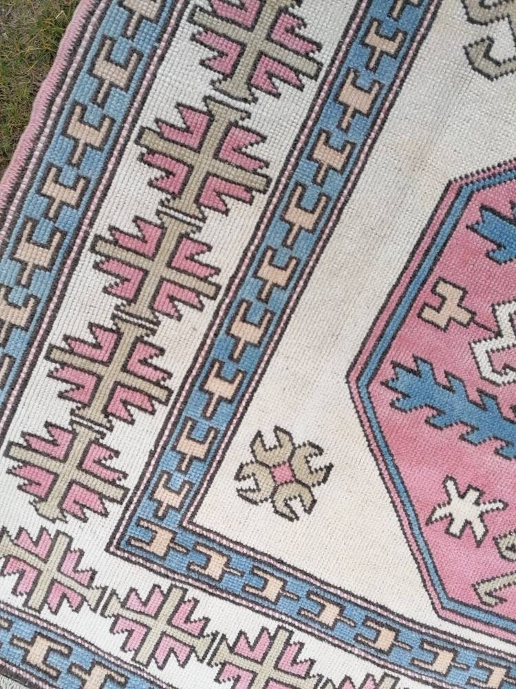 Bohemian pink color rug, pastel green oushak blue rug , turkish wool rug, handmade living room rug 5'9x9'5 feet