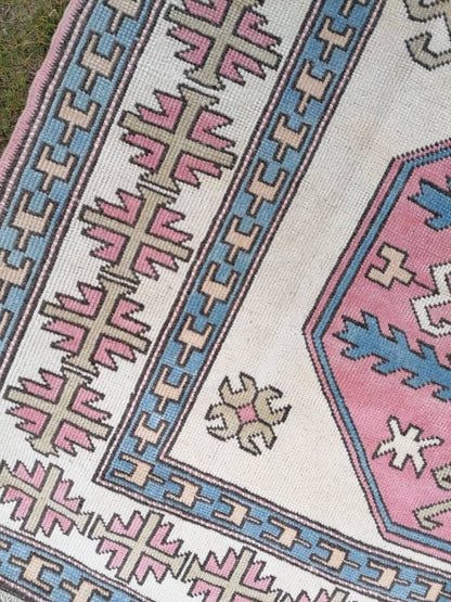 Bohemian pink color rug, pastel green oushak blue rug , turkish wool rug, handmade living room rug 5'9x9'5 feet