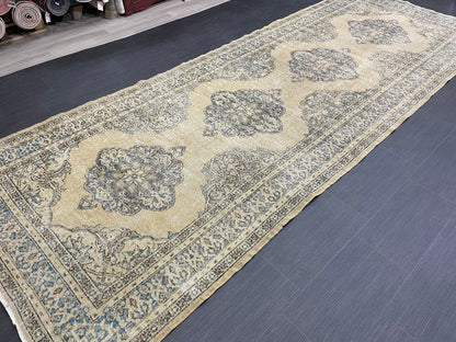 Wool Hand Knotted Rug Vintage 4.8 x 13 Runner Oushak Runner Rug Turkish Runner Rug Vintage Runner Rug Star Kitchen Runner Natural Wool