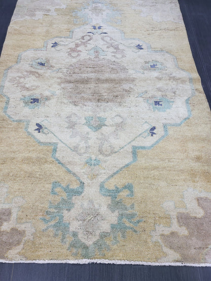 Turkish Rug, Oushak Rug, Wool 4 x 5.8 Oriental Rug, Blue Oushak Vintage Persian Rug, Handmade Rug